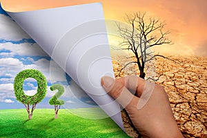 Woman hand turning pages of paper. O2 icon metaphor climate change solution. global warming, Sustainable development and green