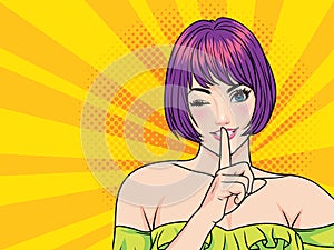 Woman hand up with finger on lips silence gesture pop art comics