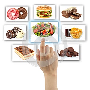Woman hand uses touch screen interface with food photo