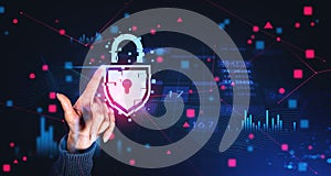 Woman hand using cybersecurity interface