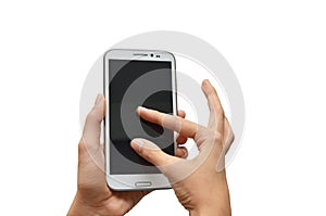 Woman hand using mobile phone touch screen
