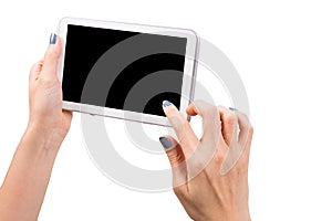 Woman hand using mock up digital tablet isolated clipping patch