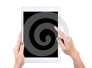 Woman hand using mock up digital tablet isolated clipping patch