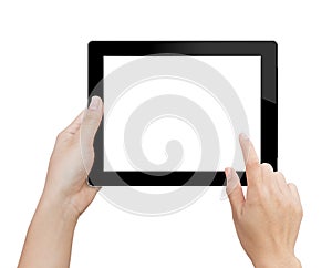 Woman hand using mock up digital tablet isolated clipping patch