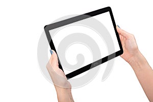 Woman hand using mock up digital tablet isolated clipping patch