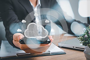 Woman hand using smart phone with cloud computing icon, Cloud computing concept