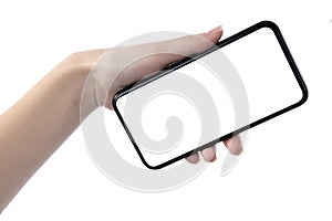 Woman hand using smartphone isolated on white background
