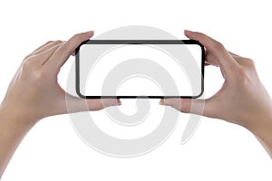 Woman hand using smartphone isolated on white background