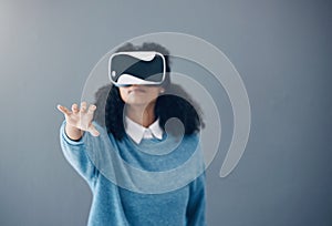 Woman, hand and virtual reality glasses for metaverse with mockup space and 3d game in studio. Gamer person vr headset