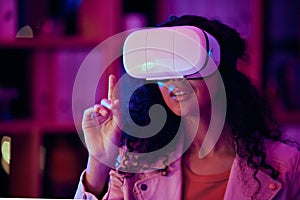 Woman, hand and virtual reality, press on screen with digital world and 3D, future technology and neon lighting