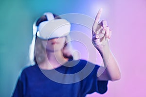 Woman hand with vr headset, ux technology and screen touching virtual reality ai system. Digital transformation in ai