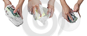 Woman hand washing dishware on white background