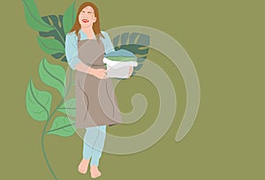 Woman Hand Washing Her Clothes and Doing Laundry squatting. Home people activity. Flat hand drawn illustration.