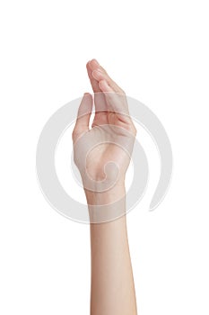 Woman hand on white background is empty. hold anything