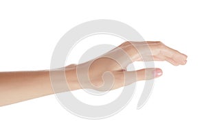 Woman hand on white background is empty. hold anything