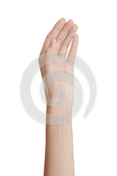 Woman hand on white background is empty. hold anything