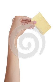 Woman hand on white background is empty. keep the card