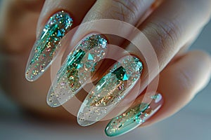 A woman hand with a white and green diamond manicure, AI
