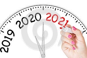 Woman Hand Writing New 2021 Year Message with Red Marker on Transparent Wipe Board. 3d Rendering