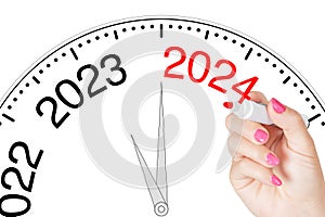 Woman Hand Writing New 2024 Year Message with Red Marker on Transparent Wipe Board. 3d Rendering