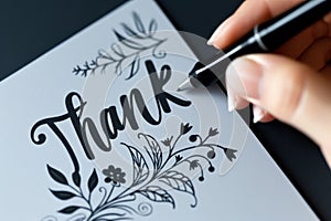 Woman hand writing words & x22;Thank you& x22; on white greeting card. Beautiful lettering.