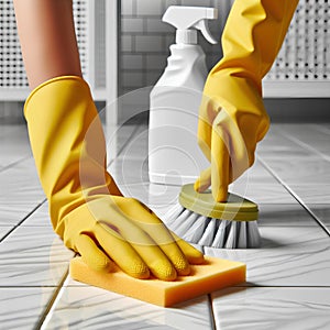 woman hand in yellow glove is cleaning tiled white surface in bathroom