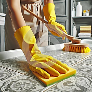 woman hand in yellow glove is cleaning tiled white surface in bathroom