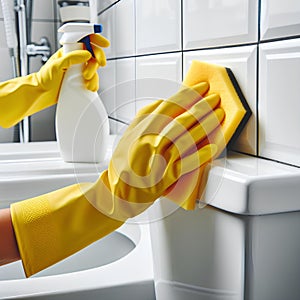 woman hand in yellow glove is cleaning tiled white surface in bathroom