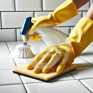 woman hand in yellow glove is cleaning tiled white surface in bathroom