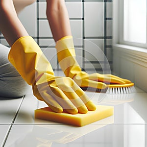 woman hand in yellow glove is cleaning tiled white surface in bathroom