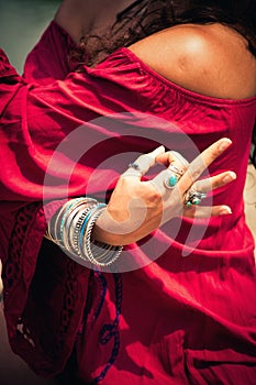 Woman hand in yoga symbolic gesture mudra