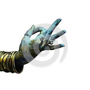 Woman hand in yoga symbolic gesture mudra lot of bracelets and rings double exposure