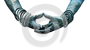 Woman hand in yoga symbolic gesture mudra wearing lot of bracelets and rings double exposure