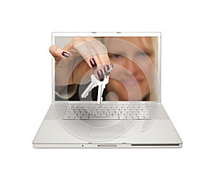 Woman Handing House Keys Through Laptop Screen
