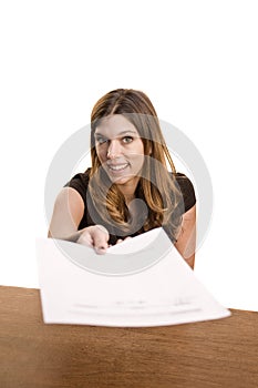 Woman handing over paper