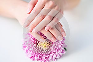 Woman hands with beautiful French manicure