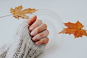 Woman hands with beautiful nude manicure holding autumn leaves. Female Manicure, natural look. Nails care. Self care