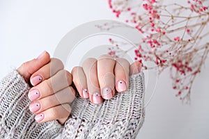 Woman hands with beautiful nude manicure holding delicate pink Gypsophila or baby`s breath flowers. Female Manicure, natural look