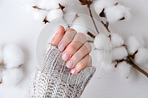 Woman hands with beautiful nude manicure holding delicate white cotton flower. Female Manicure, natural look. Nails care