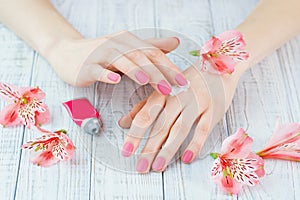 Woman hands with beautiful pink matted manicure