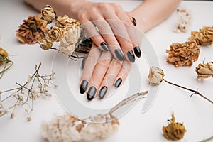 Woman hands with black manicure holding bouquet of dry roses.