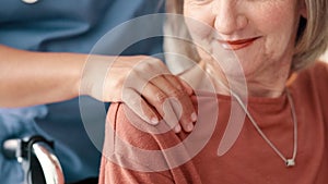 Woman, hands and caregiver in elderly care, support or trust for healthcare, advice or comfort at old age home. Closeup