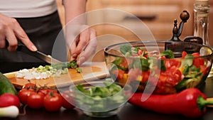 Woman hands chopping spring onions for a vegetables salad