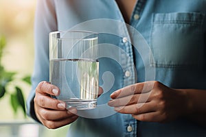 Woman hands close up holding glass mineral water young lady drinking fresh clear health pure refreshing beverage