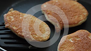 Woman Hands Cooking Souffle Pancakes dessert set.