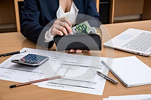 Woman hands counting euro money  with document home budget lapptop pen and calculator