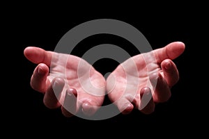 Woman hands cupped in a welcoming, accepting, offering, giving, begging, receiving gesture.