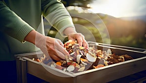 Woman hands delicately places kitchen scraps, including vibrant vegetable peels and eggshells, into a wooden compost bin. The photo