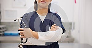 Woman, hands and doctor arms crossed with stethoscope for professional healthcare or medical service at hospital