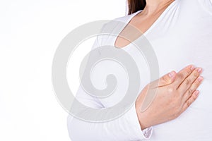 Woman hands doing breast self exam for checking lumps and signs of breast cancer isolated over white background. Medical,
